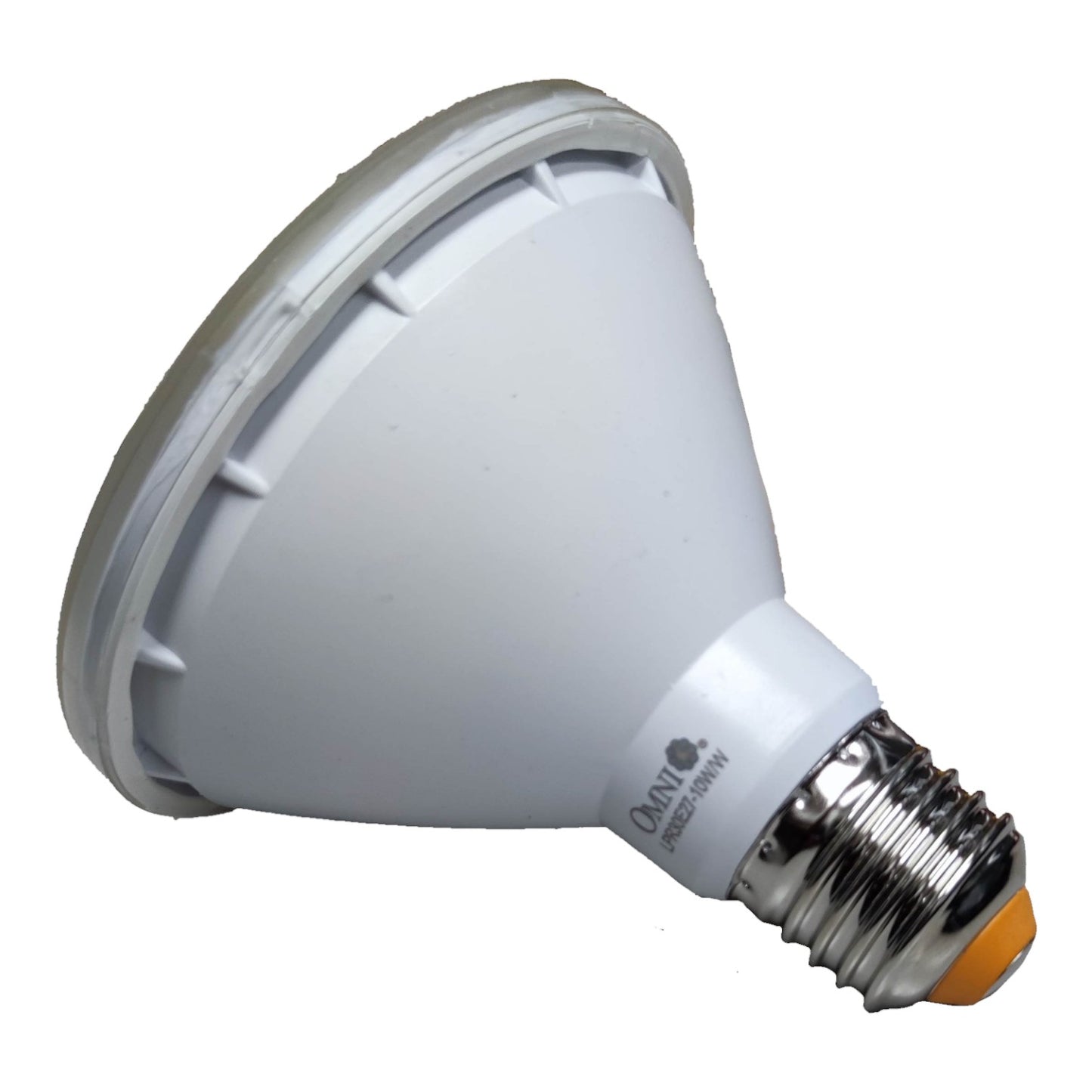 White light bulb with silver base on a white background