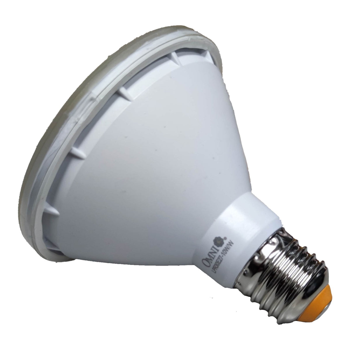White light bulb with silver base on a white background