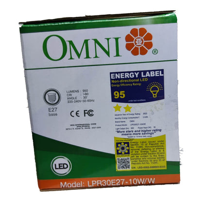 OMNI LED light bulb packaging with energy label on a white background