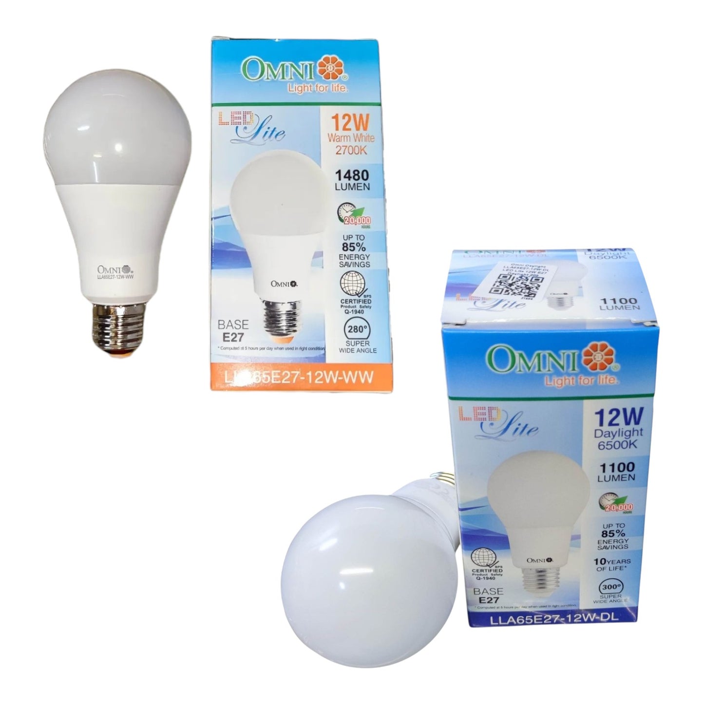 Two OMNI LED Lite 12W LED light bulbs shown with their retail packaging boxes on a plain white background.