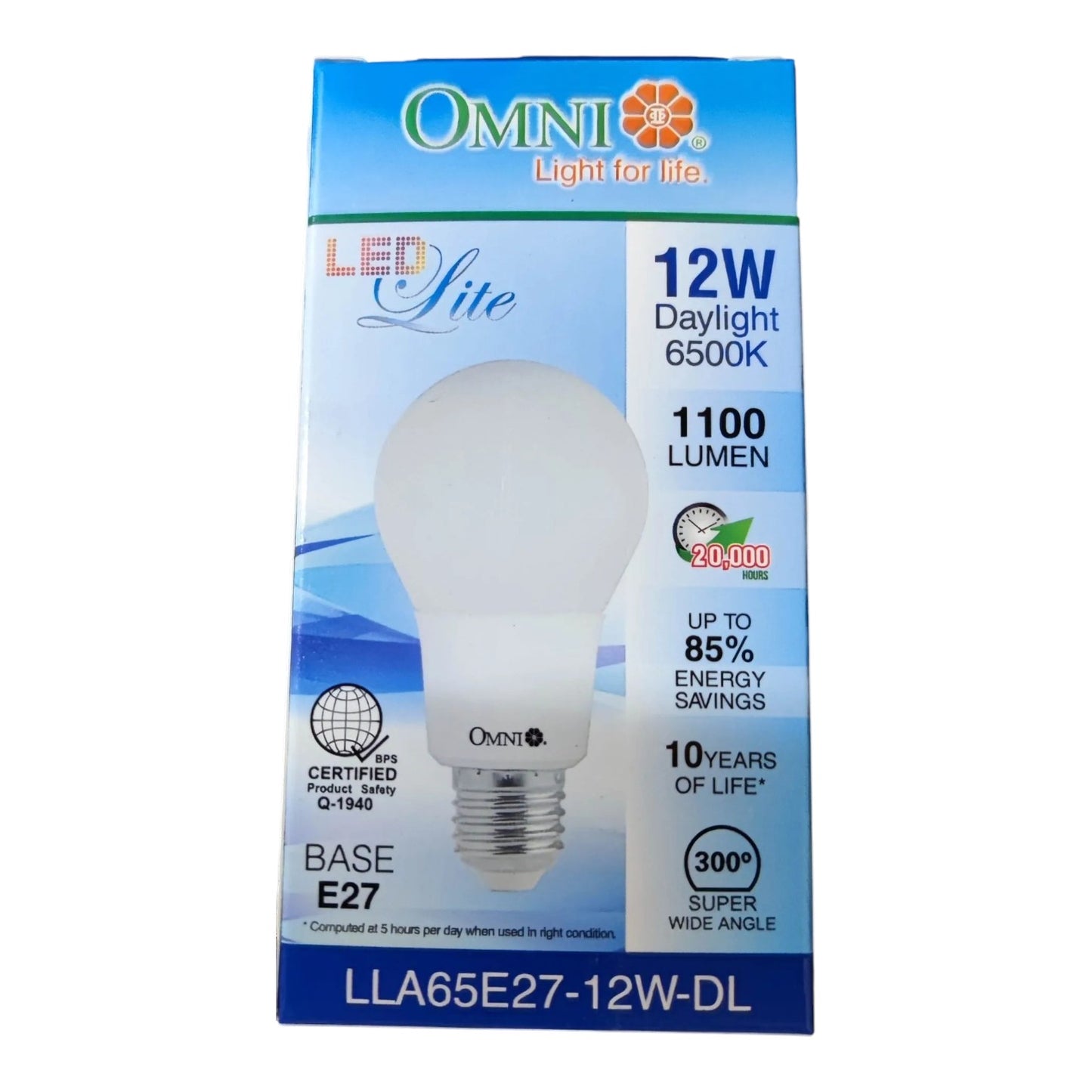 OMNI LED Lite 12W Daylight 6500K LED light bulb in its original blue and white retail packaging, featuring a 27mm E27 base.
