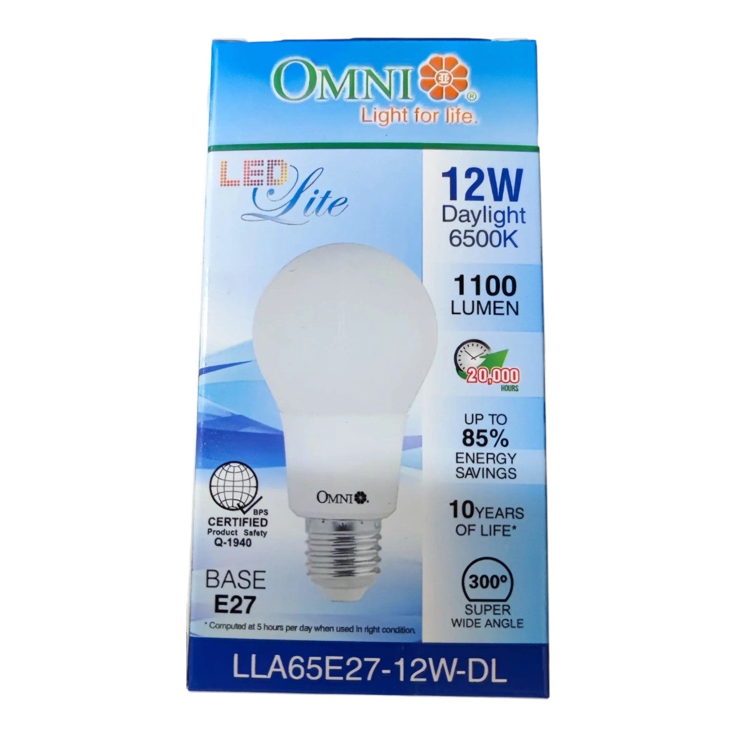 OMNI LED Lite 12W Daylight 6500K LED light bulb in its original blue and white retail packaging, featuring a 27mm E27 base.