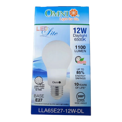 OMNI LED Lite 12W Daylight 6500K LED light bulb in its original blue and white retail packaging, featuring a 27mm E27 base.