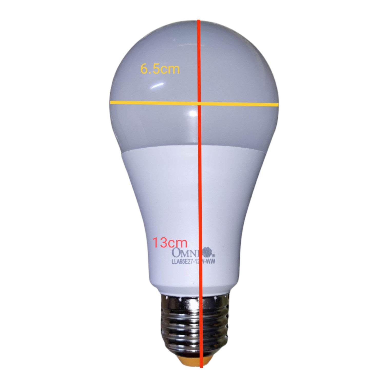An LED light bulb with dimension markings showing a height of 13cm and a top diameter of 6.5cm, with a red vertical measurement line on a white background.