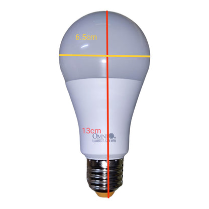 An LED light bulb with dimension markings showing a height of 13cm and a top diameter of 6.5cm, with a red vertical measurement line on a white background.