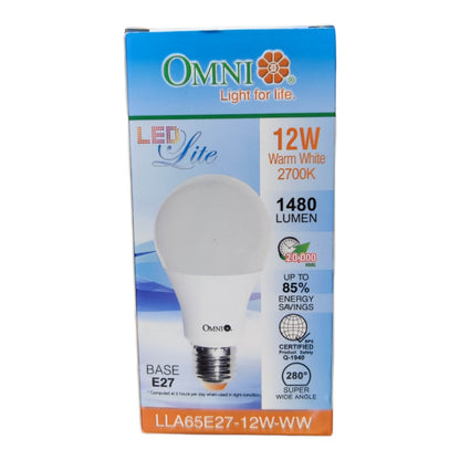 OMNI LED Lite 12W Warm White LED light bulb packaging box, featuring a graphic of the white frosted A19 base E27 bulb on a blue and white background with orange text accents.