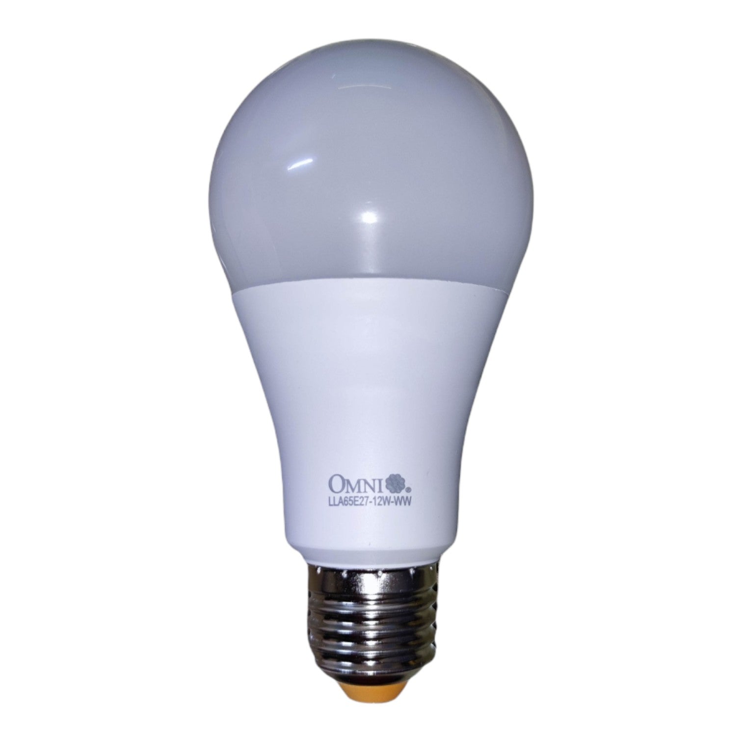 An A19-style LED light bulb with a white frosted glass dome, a white plastic base, and a silver screw-in E10 socket, featuring the brand name 'OMNI' printed on the side.