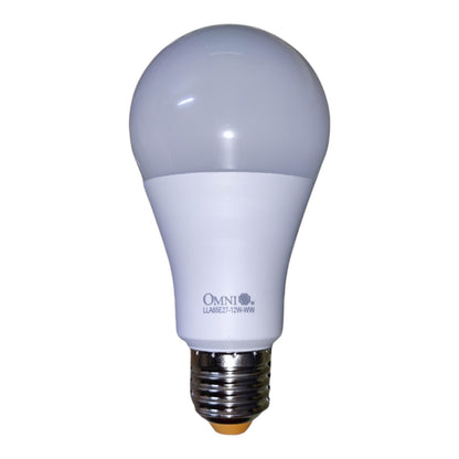 An A19-style LED light bulb with a white frosted glass dome, a white plastic base, and a silver screw-in E10 socket, featuring the brand name 'OMNI' printed on the side.