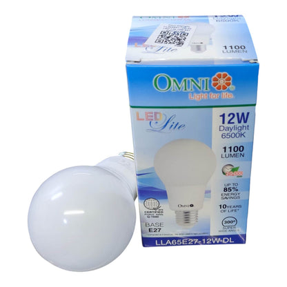 An LED light bulb in the foreground with its blue and white retail packaging box behind it on a plain white background. The box is branded OMNI and shows 12W, 1100 lumen, and E27 base details.