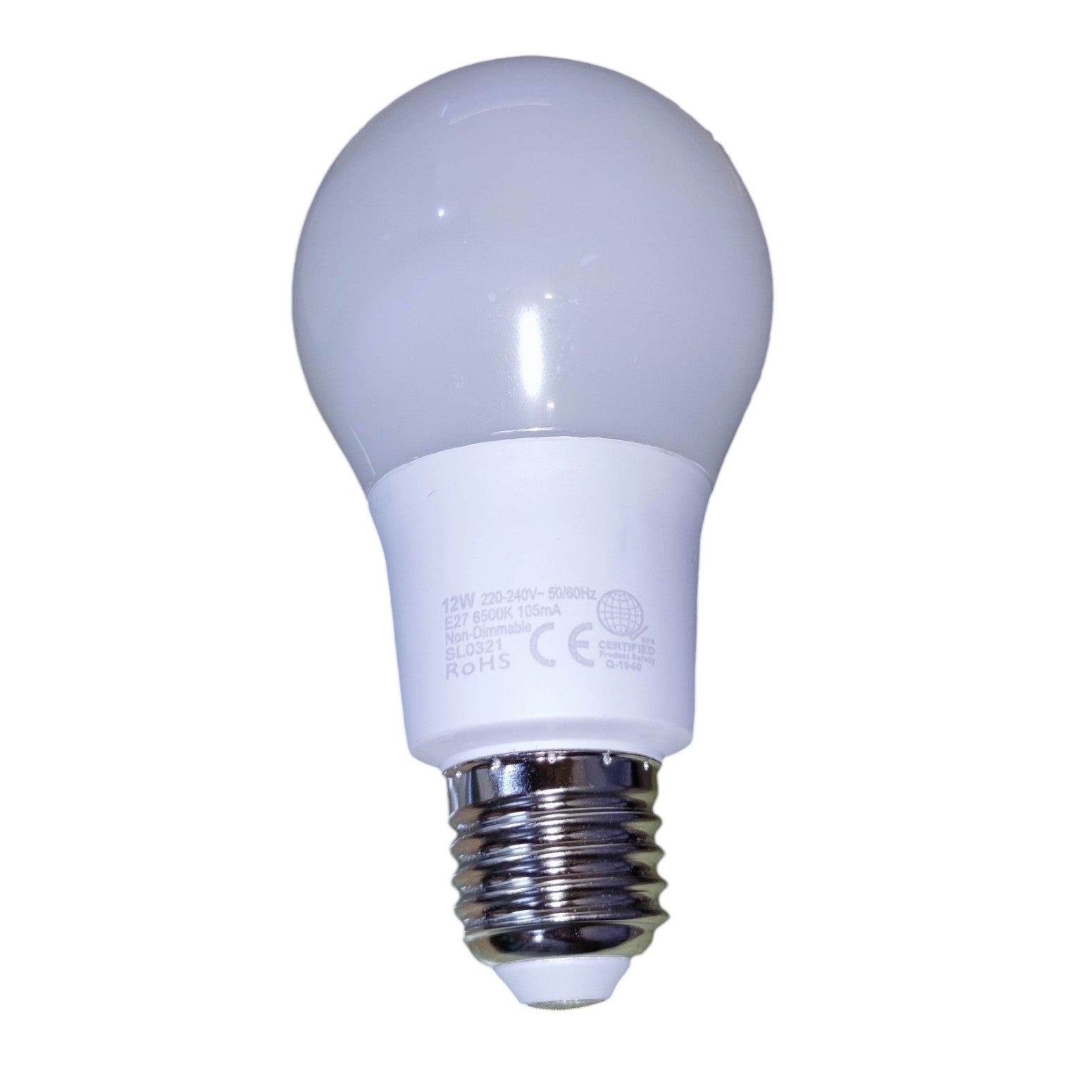 A standard A19 shape LED light bulb with a frosted glass dome and a silver-colored metal E10 screw base, shown against a plain white background.