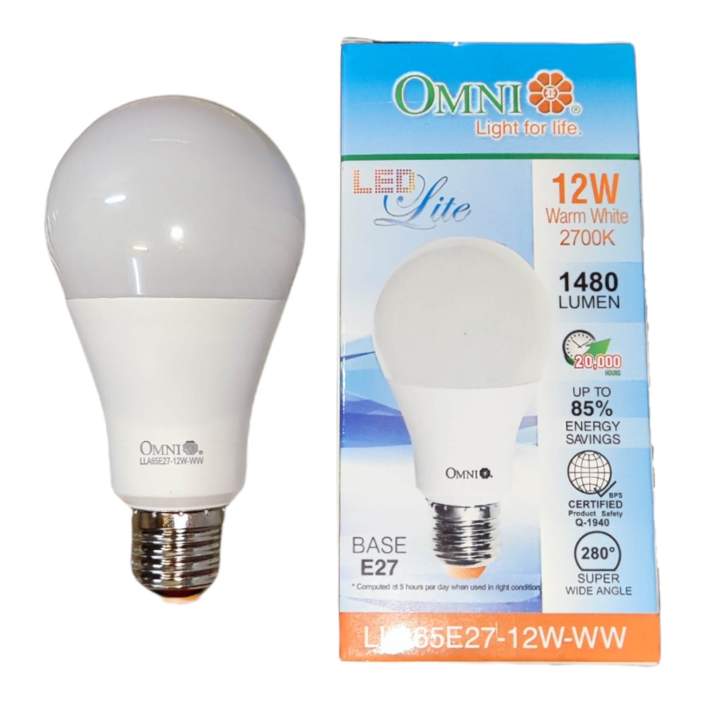 An Omni LED Lite A19 bulb shown next to its retail packaging box. The bulb is white with a silver E27 screw base, and the box is blue and white with product specifications.