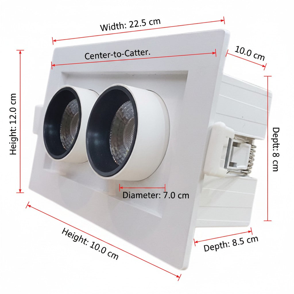 A white recessed dual-light ceiling fixture shown with red dimension lines and labels indicating width, height, depth, and diameter measurements on a plain white background.