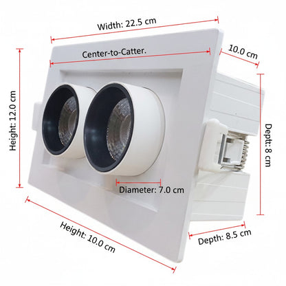 A white recessed dual-light ceiling fixture shown with red dimension lines and labels indicating width, height, depth, and diameter measurements on a plain white background.