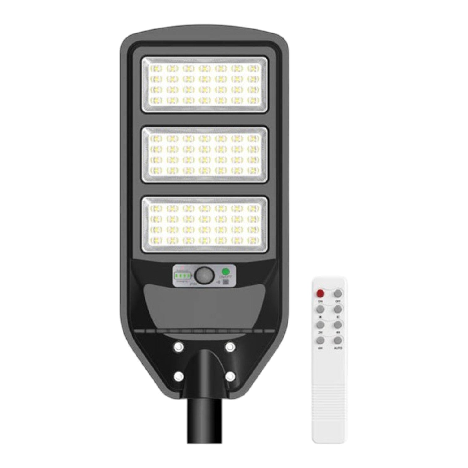 A black modern solar street light with three illuminated LED panels, shown with a white remote control on a plain white background.