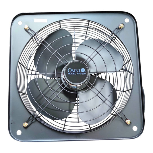 A square wall-mounted fan with a black metal grille and three dark gray blades. The center hub is labeled 'OMNI MODEL XPF-300'.