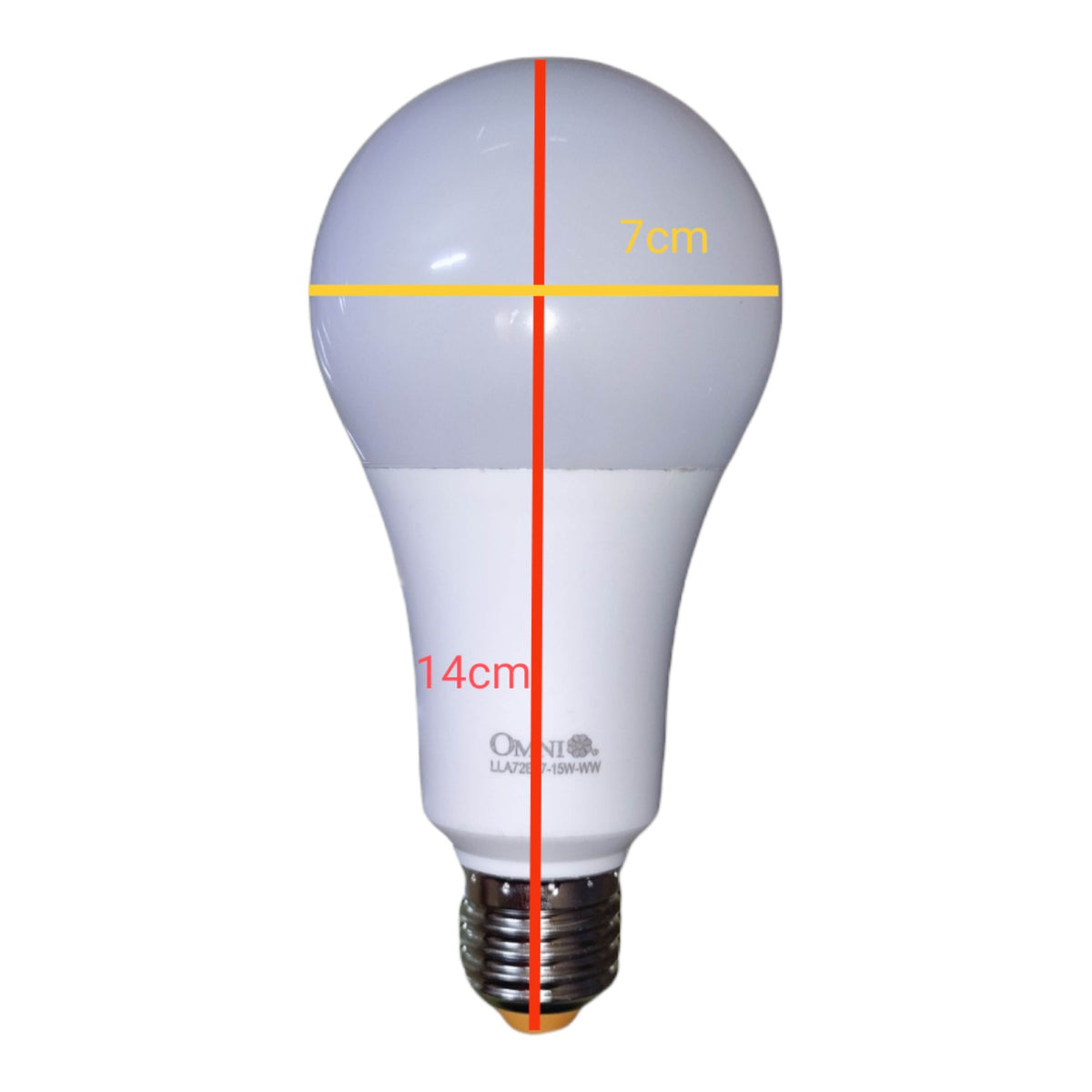 An LED light bulb with dimension markings showing a height of 14cm and a diameter of 7cm, on a plain white background.