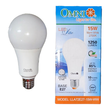 An LED light bulb next to its retail packaging box, both branded OMNI. The bulb is warm white with a silver E27 screw base, and the box details include 15W power, 1250 lumens, and a 10-year lifespan.