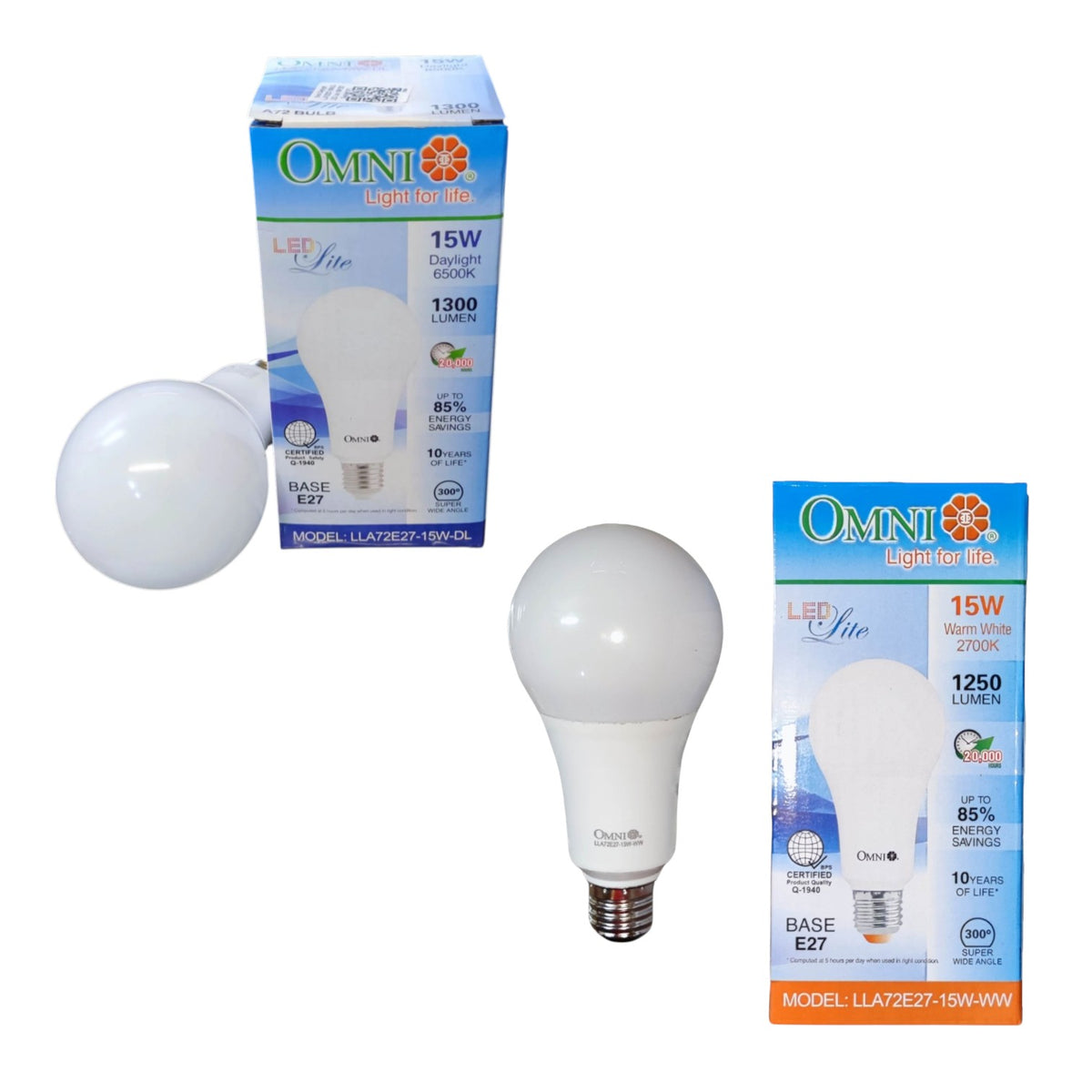 Three Omni LED light bulbs in different wattages shown with their retail packaging on a plain white background. The packaging features blue and orange branding.