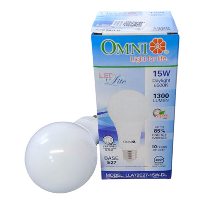 An Omni LED light bulb with its retail packaging box, shown on a plain white background. The bulb is in the foreground, and the box displays 'OMNI' branding and product specifications.