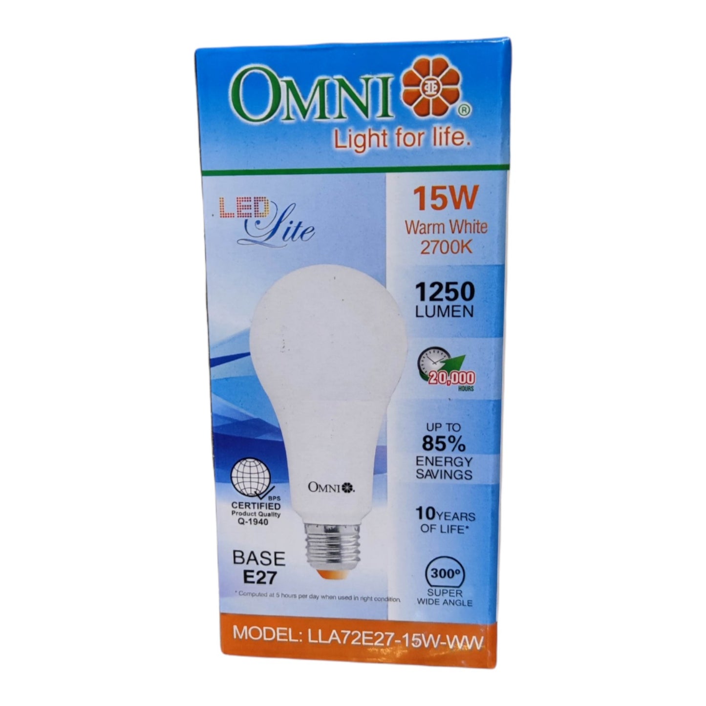 OMNI LED Light Life 15W Warm White LED light bulb in its original blue and orange retail packaging, featuring a 2700K color temperature and 1250 lumen output.