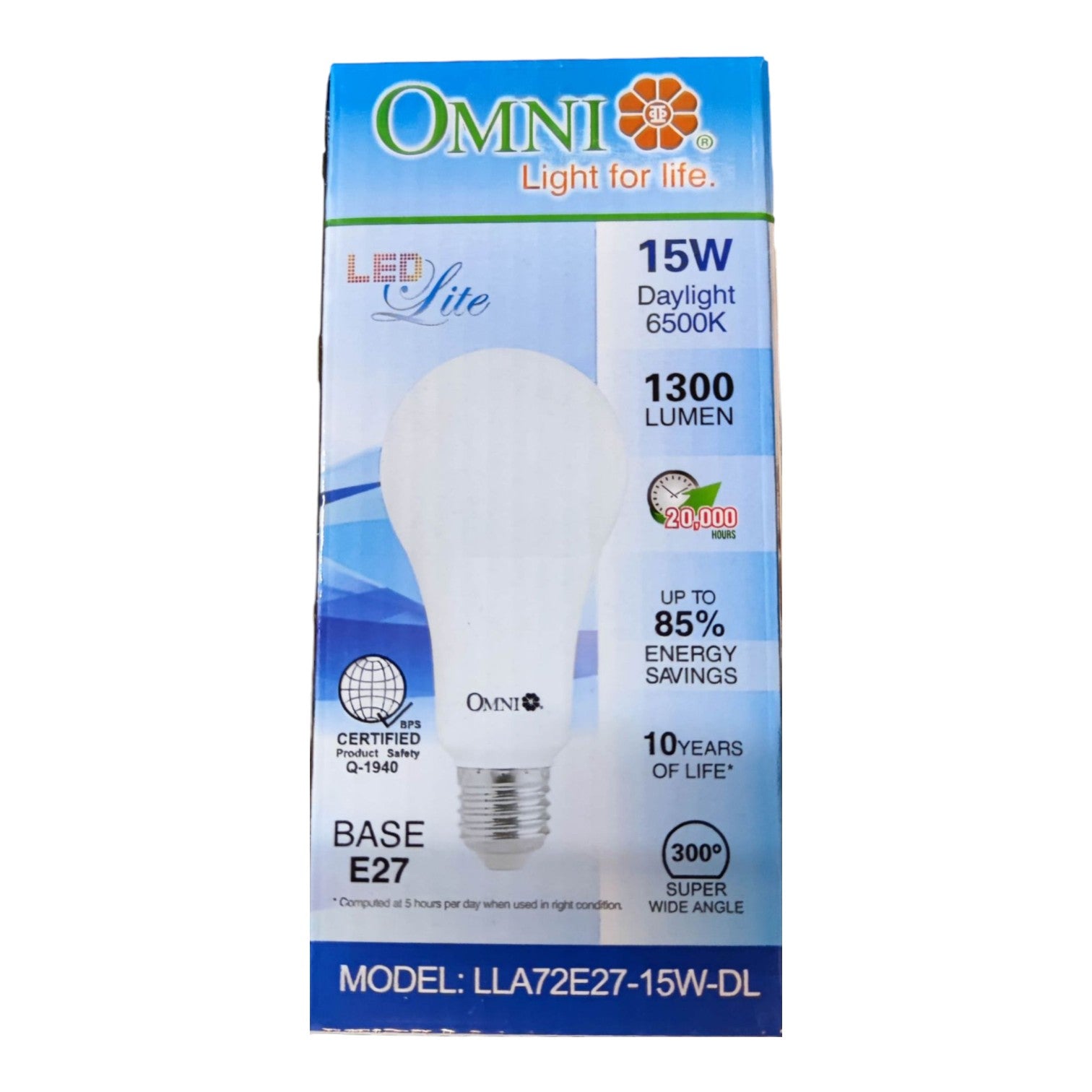 OMNI LED Lite 15W A19 LED light bulb packaging box, featuring a white A19 bulb graphic on a blue and white background with product specifications.