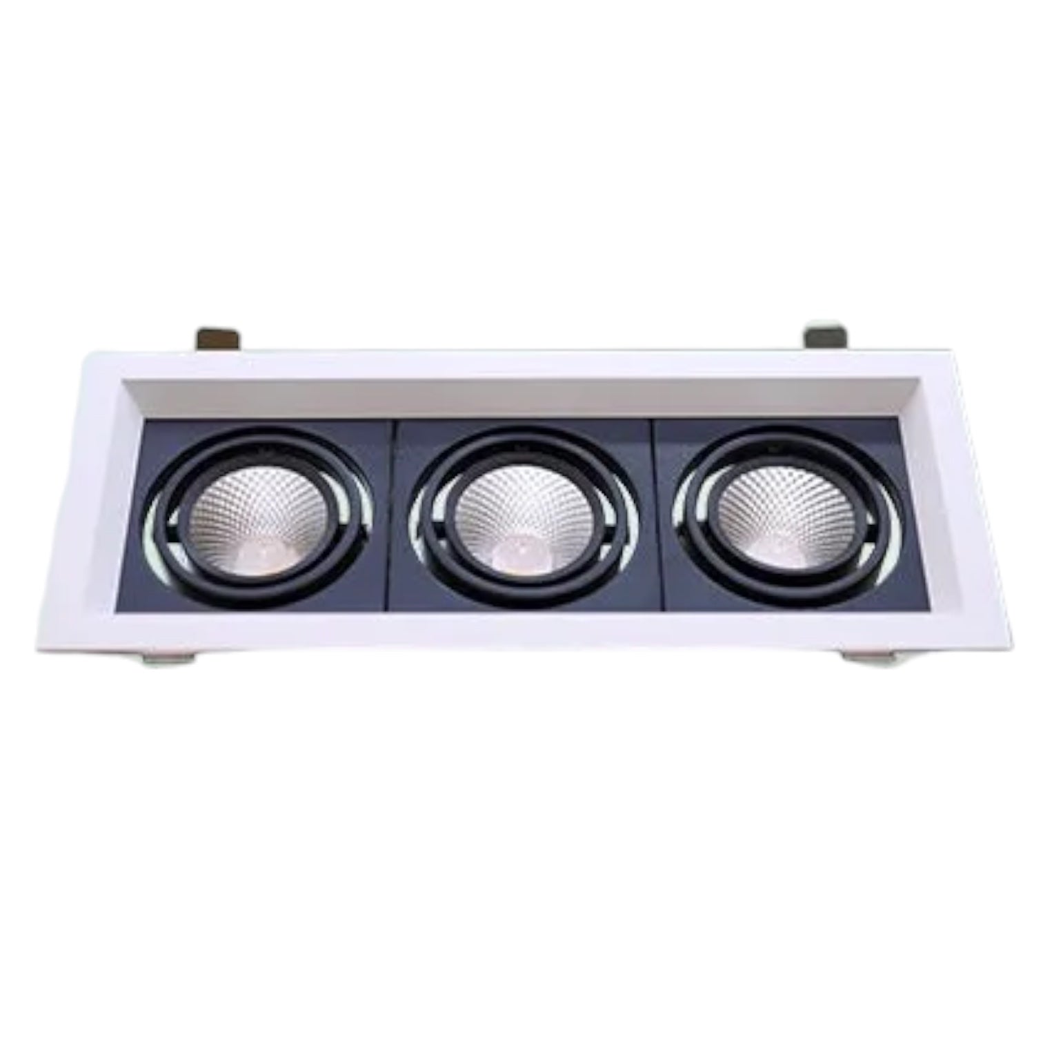 A three-light recessed ceiling fixture with a white outer frame and black inner panels, each light housing a circular reflector.