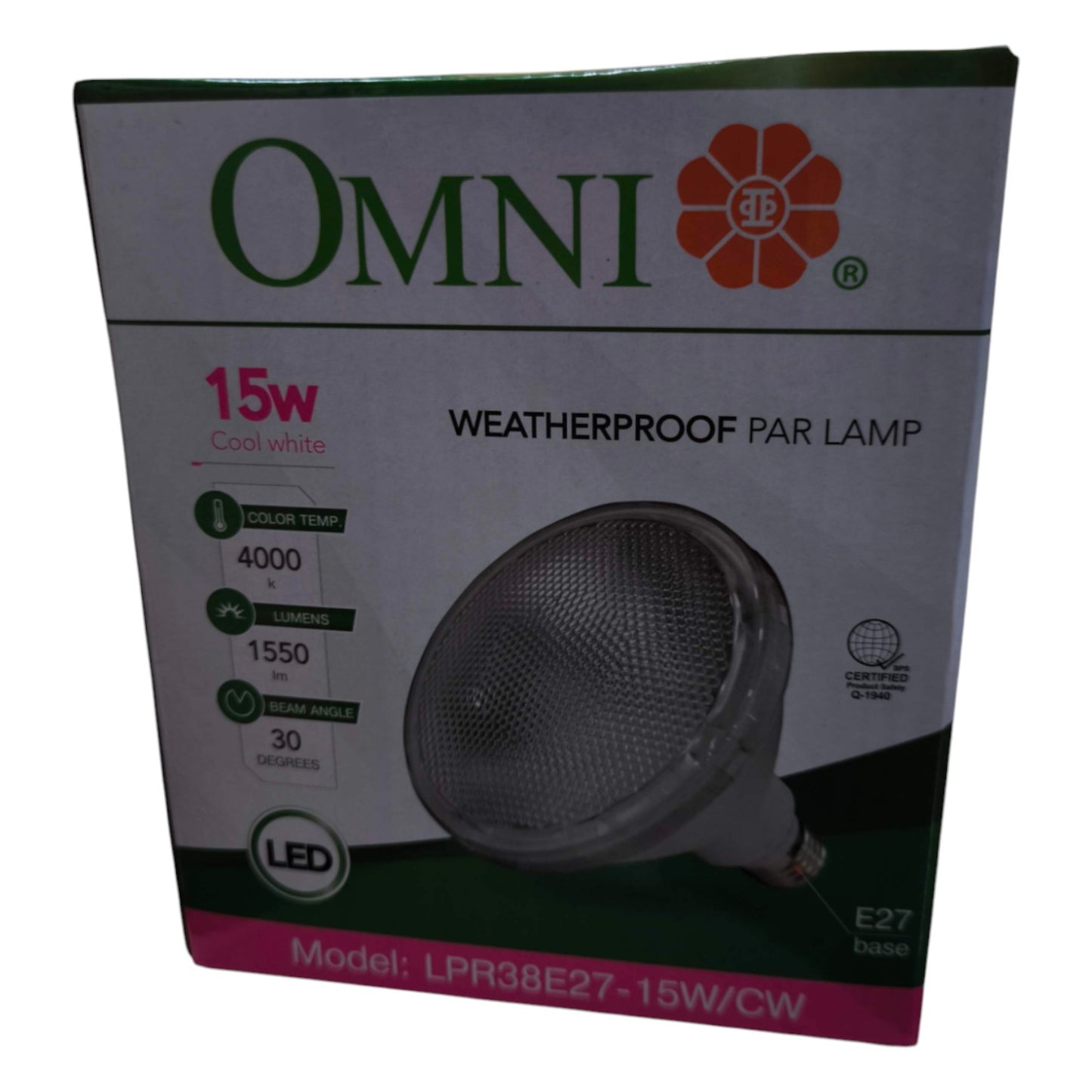 Box of Omni weatherproof par lamp with product details on a white background