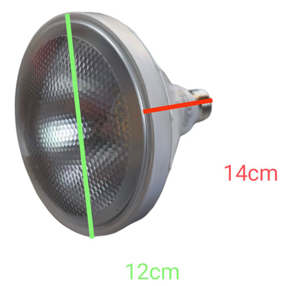 Parabolic reflector lamp with measurements on a white background