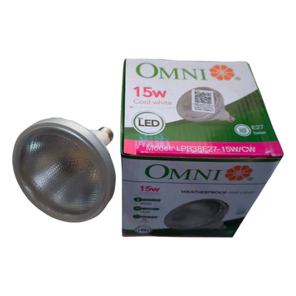 LED light bulb and its packaging with 'OMNI' branding on a white background