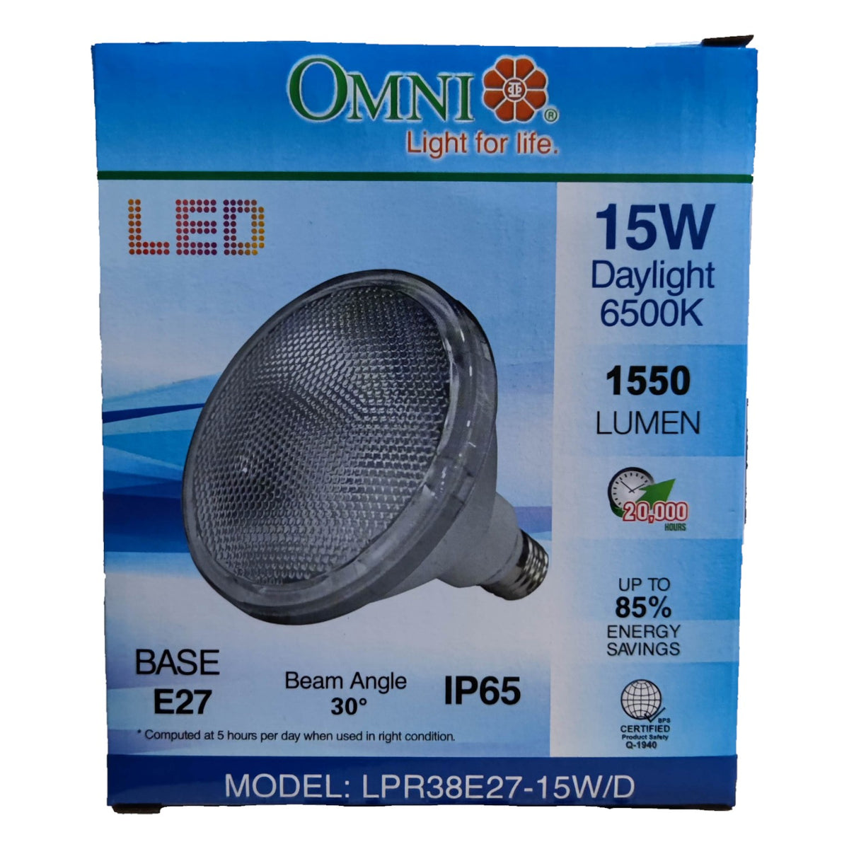 Omni LED light bulb packaging with specifications on a white background
