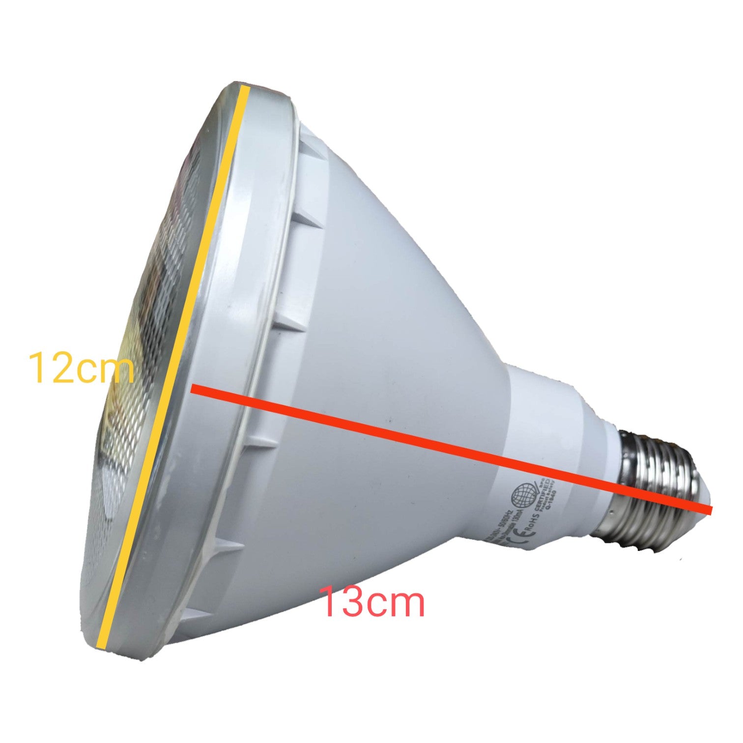 Light bulb with measurements indicated on a white background