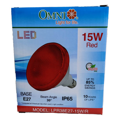 Red LED light bulb packaging with Omni branding on a white background
