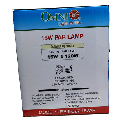 Box of Omni 15W PAR lamp with specifications on a white background