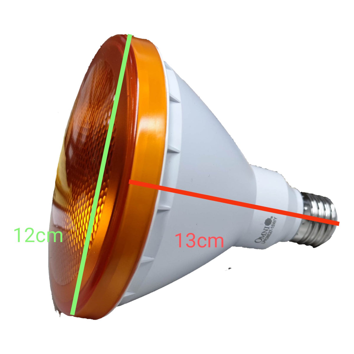 Parabolic reflector light bulb with measurements on a white background