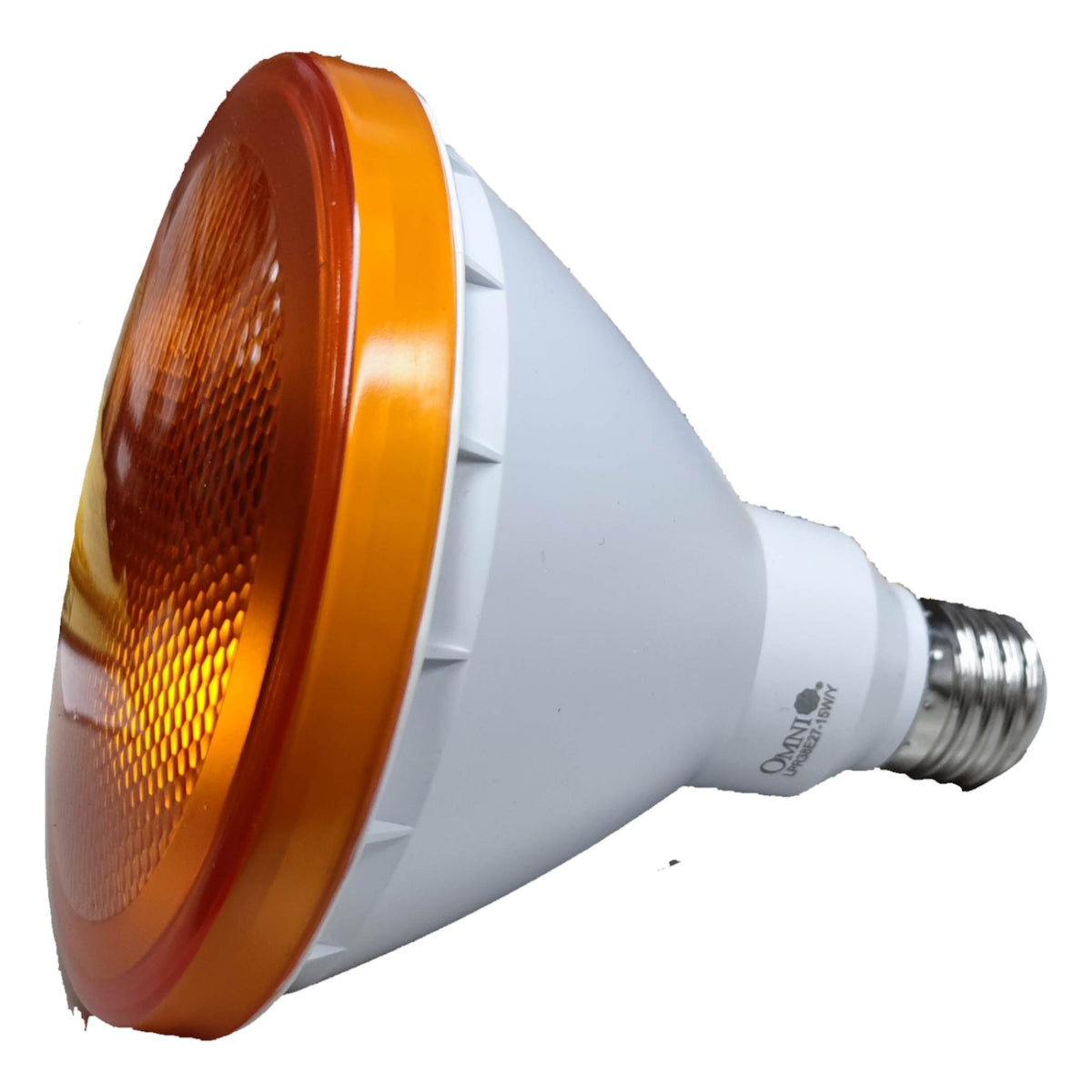 Parabolic reflector spotlight bulb with orange glass cover on a white background