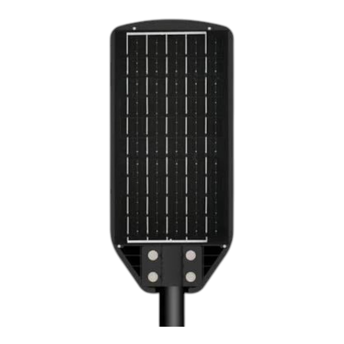 A solar-powered street light with a black rectangular housing, featuring a grid of solar panels on the front and a black mounting pole extending downward, shown against a plain white background.