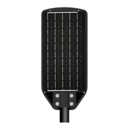 A solar-powered street light with a black rectangular housing, featuring a grid of solar panels on the front and a black mounting pole extending downward, shown against a plain white background.