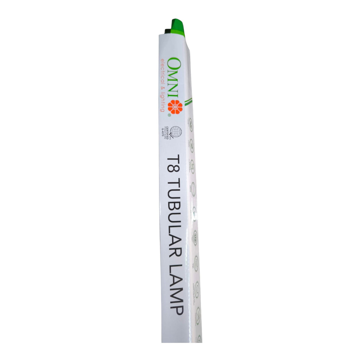 A tall, narrow white box for an Omni T8 Tubular Lamp, featuring a green cap at the top and black text on a plain white background.