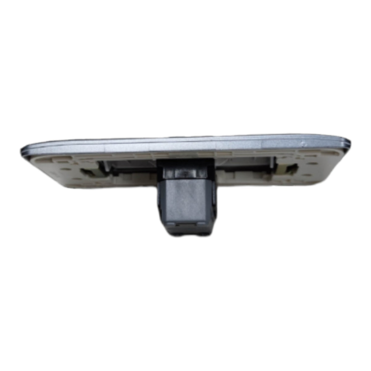 A replacement rear-view mirror assembly with a silver reflective plate and a black mounting bracket, isolated on a white background.
