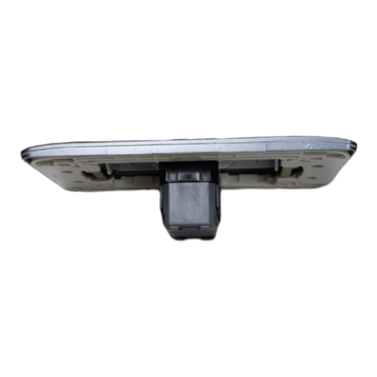 A replacement rear-view mirror assembly with a silver reflective plate and a black mounting bracket, isolated on a white background.