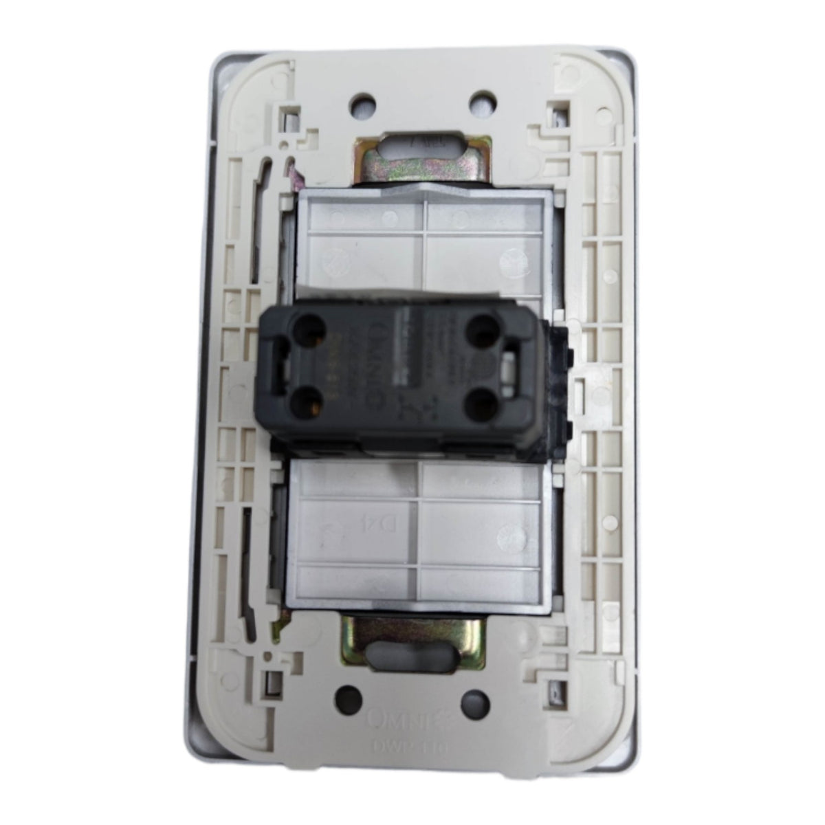 An electrical wall switch plate backplate with a black single-pole switch module inserted, photographed against a solid white background.