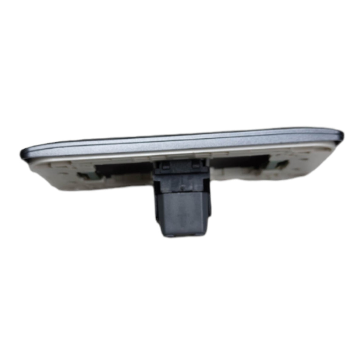 A replacement automotive rearview mirror assembly with a silver reflective plate and a black plastic mounting bracket, isolated on a white background.