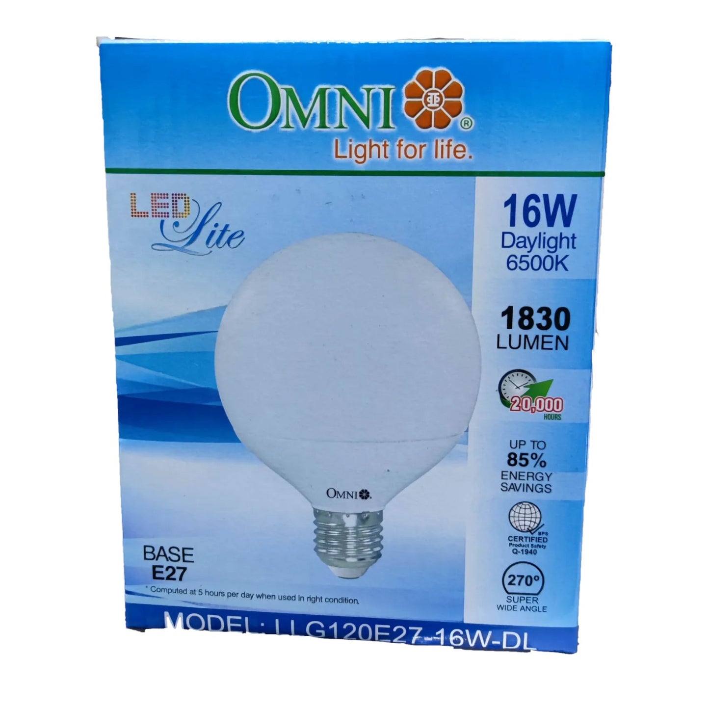 OMNI LED Lite 16W A19 globe LED light bulb in its original blue and white retail packaging, showing the E27 screw base and product specifications.