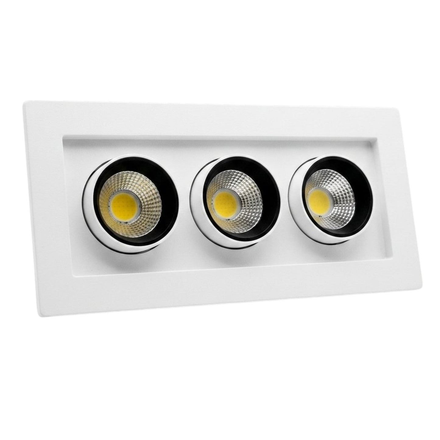 A recessed three-light LED downlight fixture with white trim and three circular black and silver LED lenses, shown on a plain white background.