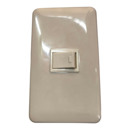 A single-toggle wall switch in a matching beige plastic faceplate, shown against a plain white background.