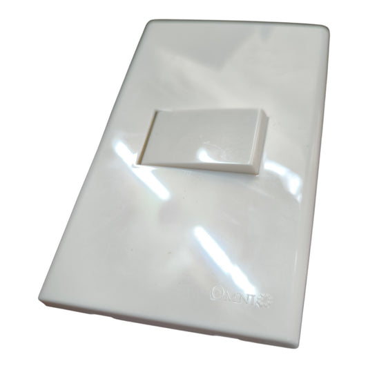 A white plastic single-toggle wall switch plate with a matching switch lever, shown at an angle on a white background.