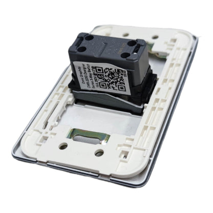 A replacement electrical switch component featuring a black relay module with a QR code label, set inside a white plastic switch base plate.
