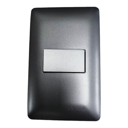 A single-button touch switch plate in matte black with a central silver rectangular touch panel, shown against a plain white background.