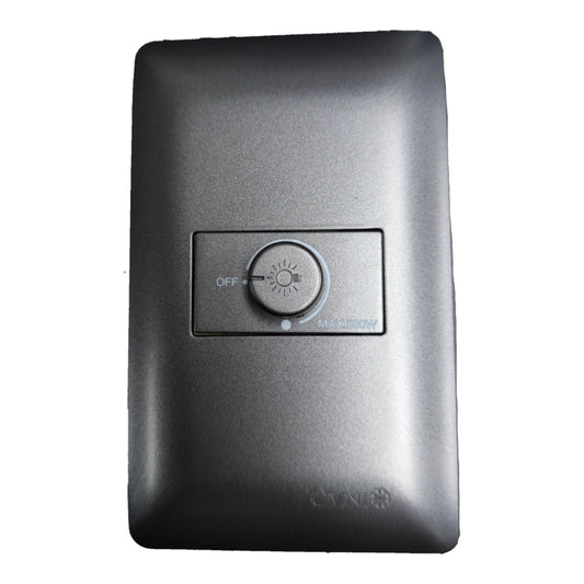 A matte black square wall switch plate featuring a central round light dimmer switch with 'OFF' and 'MAXIMUM' labels, on a plain white background.