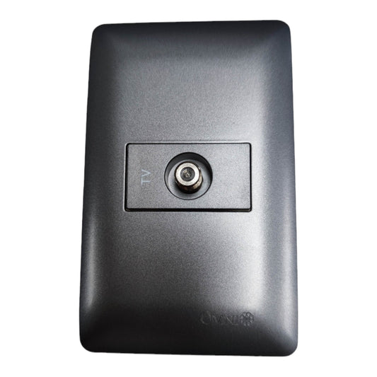 A black wall-mounted TV antenna jack plate with a single coaxial connector in the center, shown against a plain white background.